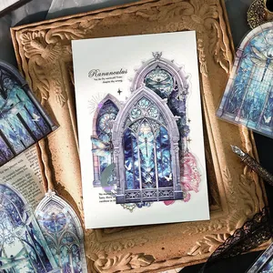 Vintage Gothic PET stickers with stained glass and dragonfly designs for DIY journaling