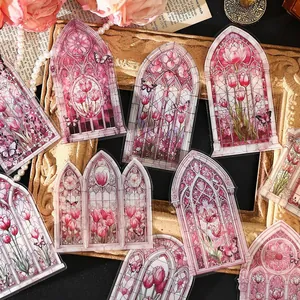 Vintage PET stickers with pink gothic window frames and floral patterns for DIY scrapbooking