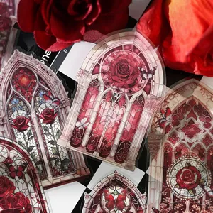 Vintage PET stickers featuring red roses, butterflies and European stained glass window design