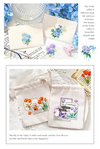 Detail view of vintage floral stickers with cream envelope and rustic linen pouch