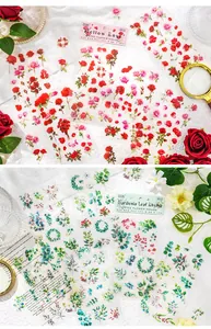 Detail of transparent floral PET stickers for scrapbooking with roses and leaves