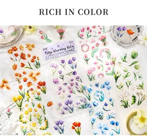 Close-up of 6pcs colorful tulip PET stickers set for DIY floral journal decoration