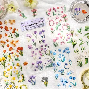 6-sheet set of vintage tulip flower PET stickers for DIY scrapbooking and decoration