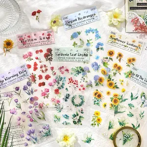 Floral PET decorative stickers set for DIY journals with six different flower designs