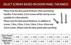 Detailed size chart for selecting cabinet handle screws based on door panel thickness