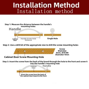 Three-step installation guide for leather cabinet handles with 4mm drill and screw specs