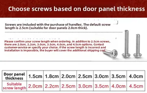 Size chart for zinc alloy hooks showing screw lengths for various door panel thicknesses