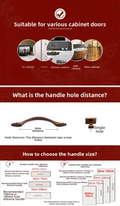 Size guide for antique cabinet handles showing hole distance and installation options