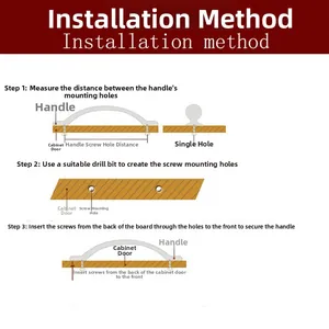 Installation guide for antique round cabinet knobs showing hole measurement and drilling steps