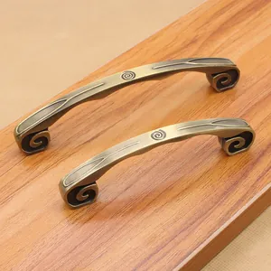 Close-up of antique zinc alloy furniture handles with bronze finish and embossed patterns