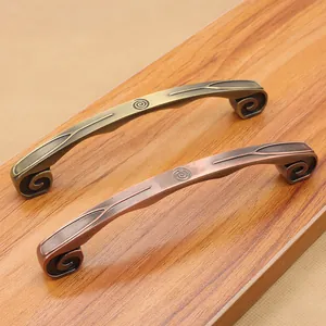 Close-up of antique zinc alloy handles in bronze and red copper with spiral patterns