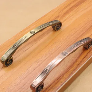 Detailed view of vintage zinc alloy cabinet handles in bronze and copper finishes