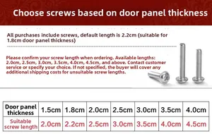 Size guide for cabinet handle screws based on different door thickness from 15mm to 40mm