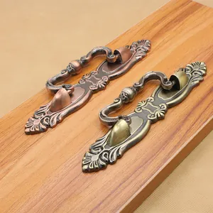 Close-up of antique European style zinc alloy drawer pulls in bronze and copper finishes