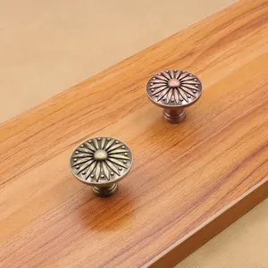 Dettaglio dei pomelli per cassetti in lega di zinco con motivo a girasole in bronzo e rame