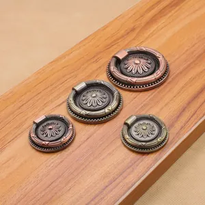 Antique Bronze Zinc Alloy Furniture Handle Round Sun Flower Embossed Pull Ring For Cabinet Drawer Wardrobe Door Knobs