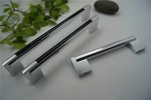 Three sizes of silver aluminum cabinet handles with black trim in a modern U-shape design