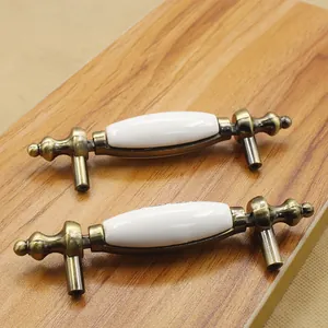 Detailed view of European antique drawer handles with white ceramic and carved bronze alloy