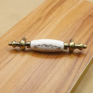 Detailed macro view of European antique drawer handle with floral ceramic patterns