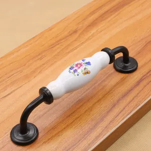 European style ceramic cabinet handle with floral pattern and black metal base