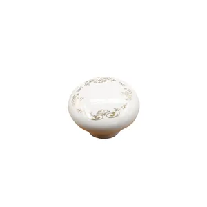 Zinc alloy ceramic cabinet knob with vintage golden flower pattern on white glazed finish