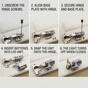 Universal LED cabinet hinge light installation guide with detailed six-step hardware setup