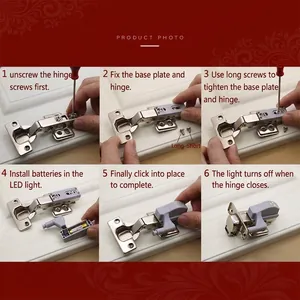 Universal LED cabinet hinge light installation guide with detailed six-step hardware setup