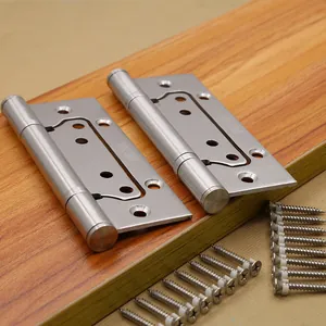 Detailed view of two SUS-304 stainless steel hinges with mounting screws on wood