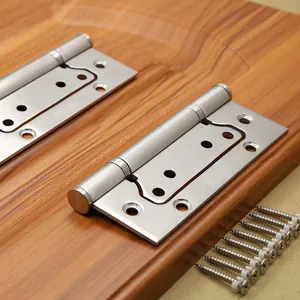 Close-up of 4-inch SUS-304 stainless steel hinges with screws on dark wood surface