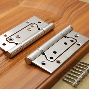Close-up of SUS-304 stainless steel hinges with screws on a wooden background