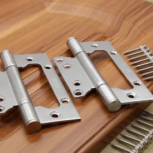 Detail of 304 stainless steel door hinges with brushed finish and matching screws