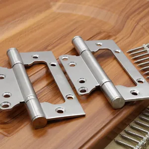 Close-up of brushed SUS-304 stainless steel hinges with matching screws on wood