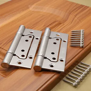 Close-up of 4-inch SUS-304 stainless steel hinges with screws on wooden surface