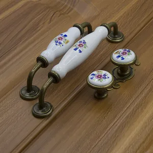 Antique Bronze Ceramic Cabinet Handles And Knobs Floral Pattern European Rural Style Furniture Pulls For Drawers Cupboard Kitchen Decor