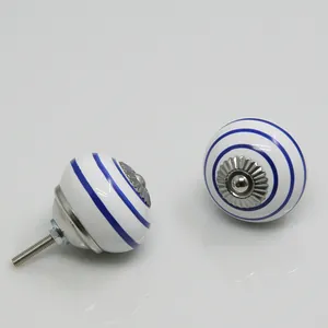 Artistic round ceramic drawer knobs with blue stripes and silver hardware for cabinets