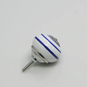 European style round white ceramic drawer knob with three blue rings and silver base