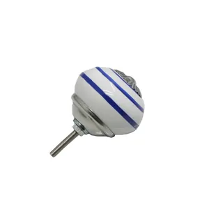 European modern round white ceramic cabinet knob with blue stripes and metal base