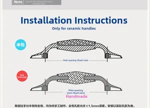 Technical drawing showing installation specs and hole spacing for ceramic cabinet handles
