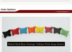 Detailed view of butterfly-shaped ceramic cabinet knobs in eight different colors