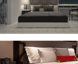 Dettaglio del copripiumino grigio scuro e federe colorate in una camera da letto moderna