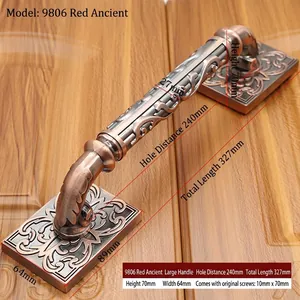 Detailed specs of antique bronze door handle with scrollwork and ornate backplate