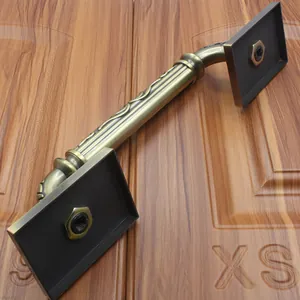 Detail of antique bronze door handle with intricate carvings on a wooden texture background