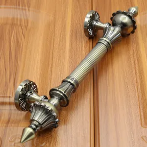 Detail of antique bronze European style door handle with ornate floral carving
