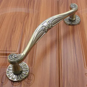 Detailed close-up of antique bronze door handle with ornate floral embossed patterns