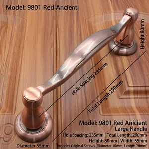 Detail view of antique bronze door handle with dimensions 290mm length and 235mm hole pitch