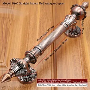 Detailed view of antique red bronze door handle with dimensions 333mm length and 185mm hole spacing