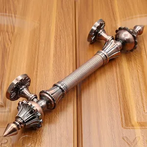 Close-up of antique bronze door handle with intricate embossed patterns and vertical texture