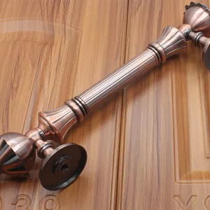 Macro detail of European antique bronze door handle with brushed metal finish and textures
