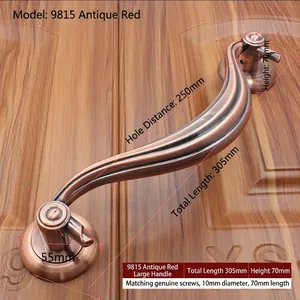 Macro view of S-shaped antique bronze door handle with dimensions and screw details
