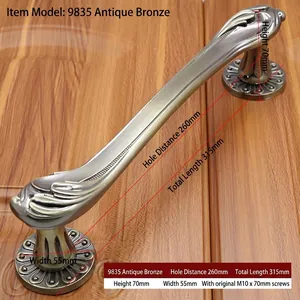 Detailed view of antique brass door handle with dimensions total length 315mm hole pitch 260mm